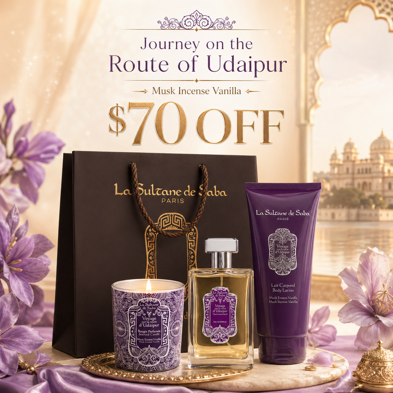 Journey on the Route of Udaipur: Musk Incense Vanilla Luxury Gift Set – Body Lotion, Perfume & Candle